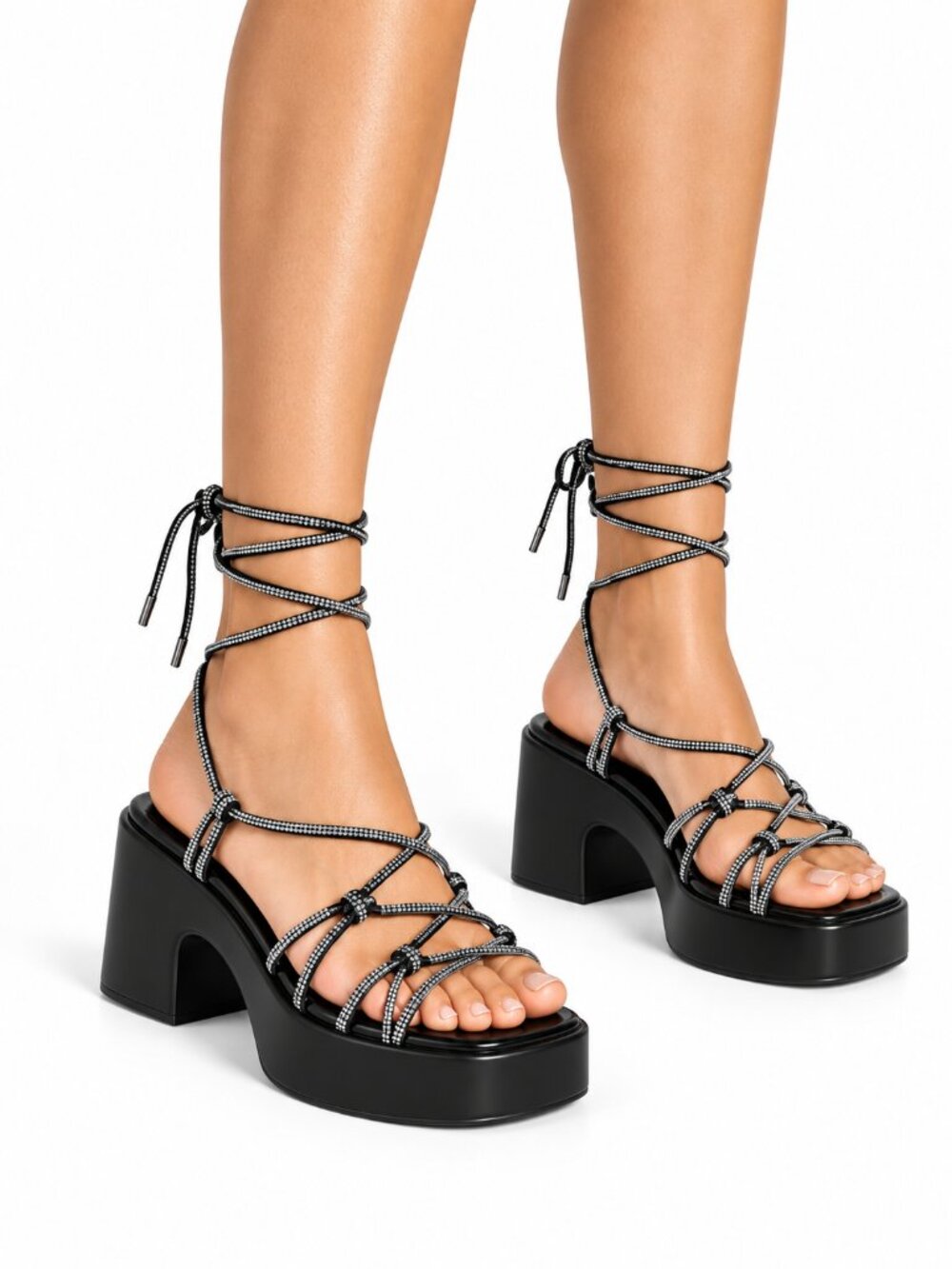 Women's Mayan Rhinestone Lace-Up Wrap Around Black Platform Sandals, 10